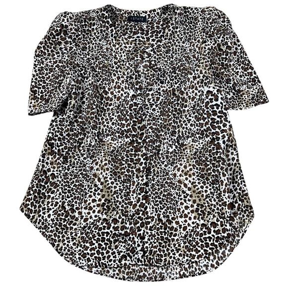 1. State Animal Print Blouse Sz XS V-Neck Puff Short Sleeve Button Front Top - Picture 7 of 7